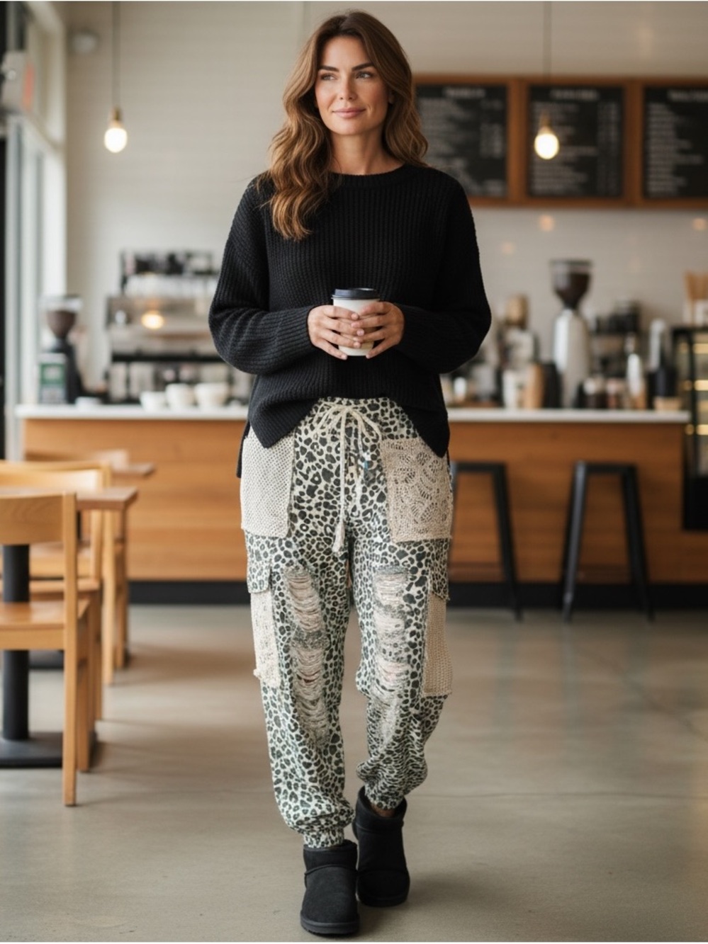 L POL Leopard Print Drawstring Jogger Distressed